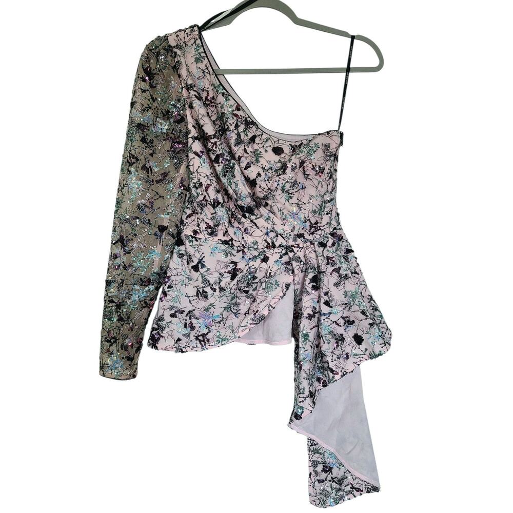 Self-Portrait Asymmetric Sequinned Floral Mesh One Shoulder Top Pink Size 2 - Picture 1 of 9